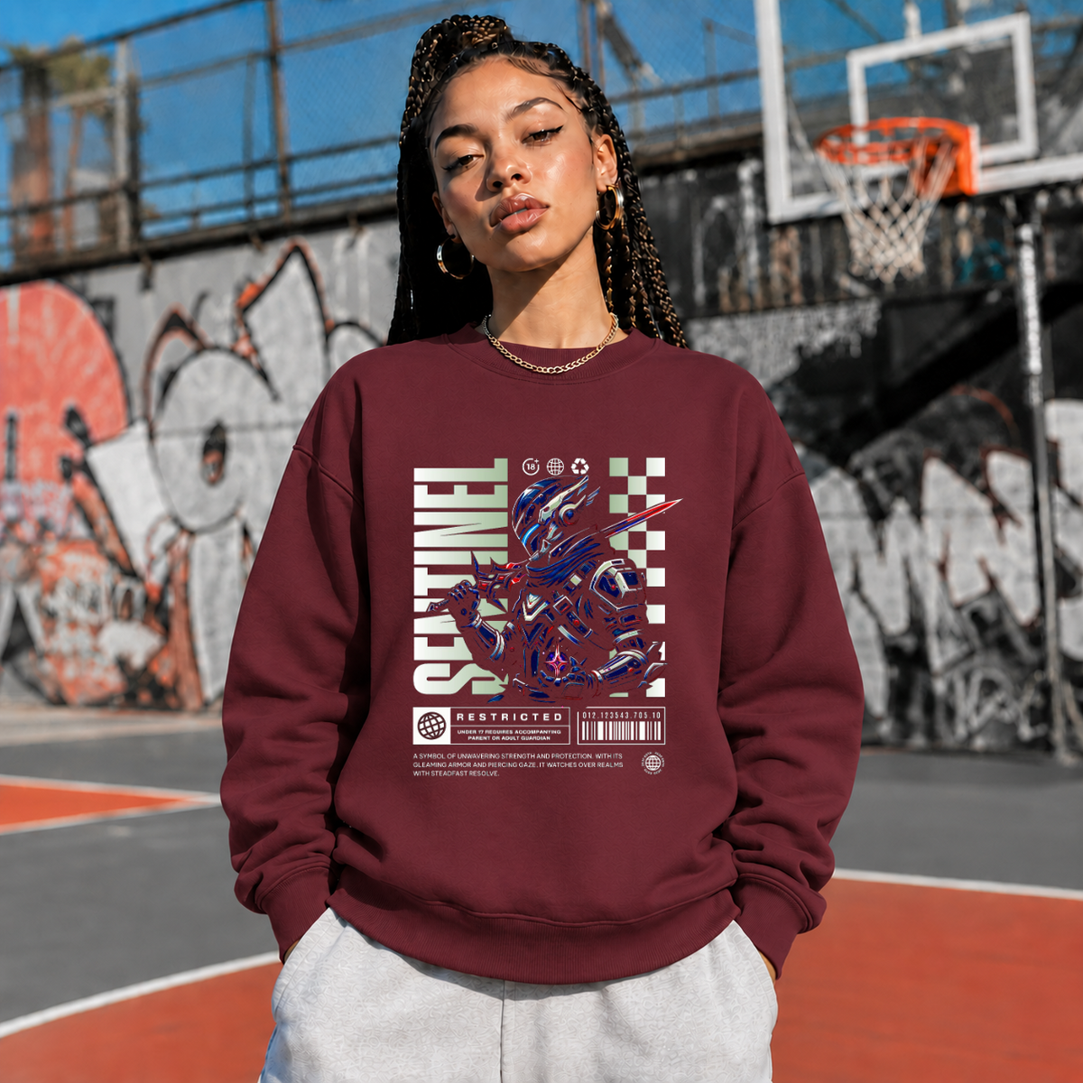 Sentinel Mecha Robot Sweatshirt – Contemporary Gothic Graphic Design Sweatshirt - Color: maroon