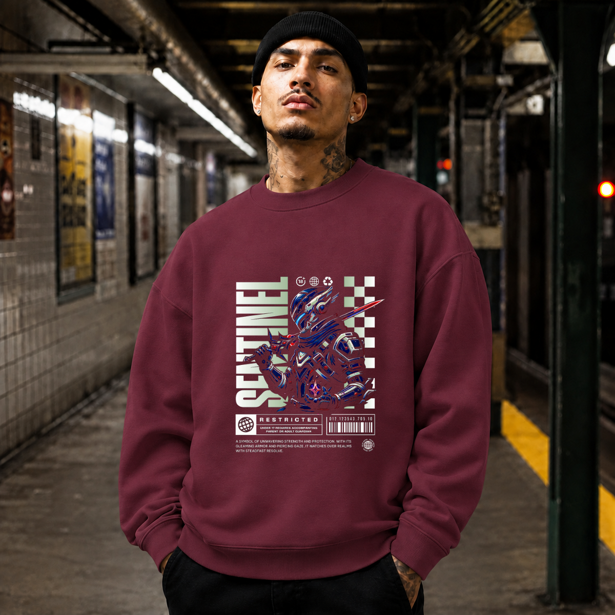 Sentinel Mecha Robot Sweatshirt – Contemporary Gothic Graphic Design Sweatshirt - Color: maroon