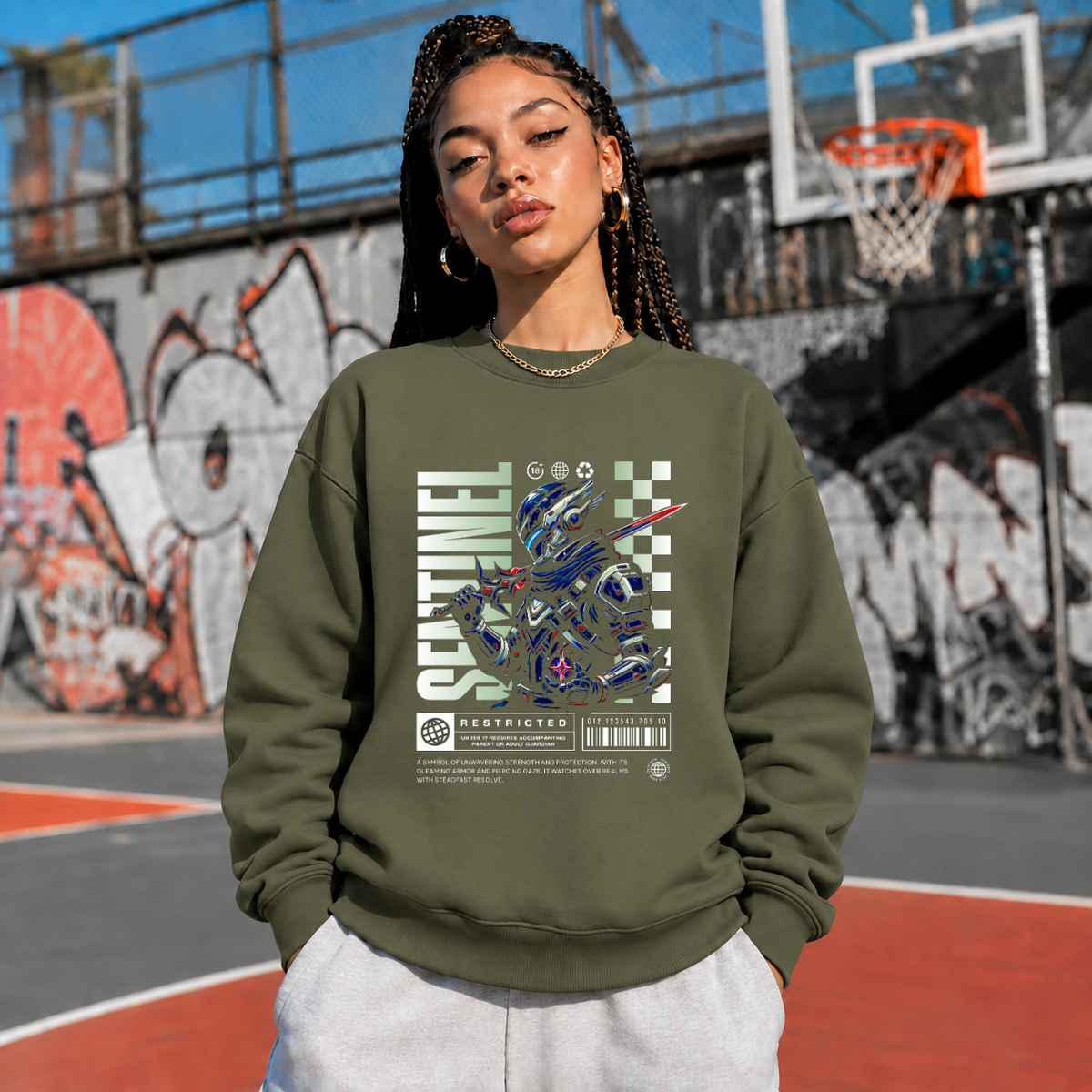 Sentinel Mecha Robot Sweatshirt – Contemporary Gothic Graphic Design Sweatshirt - Color: military green