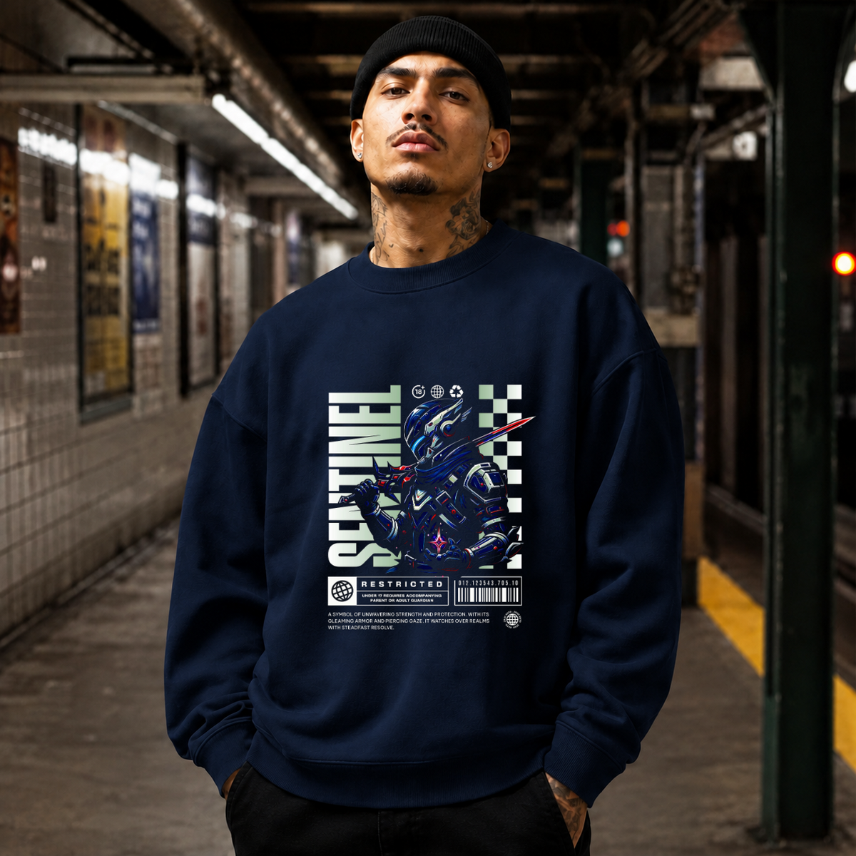 Sentinel Mecha Robot Sweatshirt – Contemporary Gothic Graphic Design Sweatshirt - Color: navy