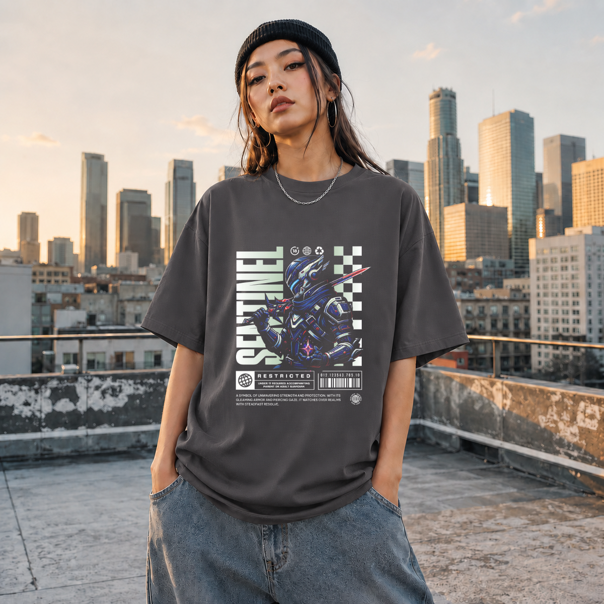 Sentinel Mecha Robot T-Shirt – Contemporary Gothic Graphic Design Tee - Color: Charcoal