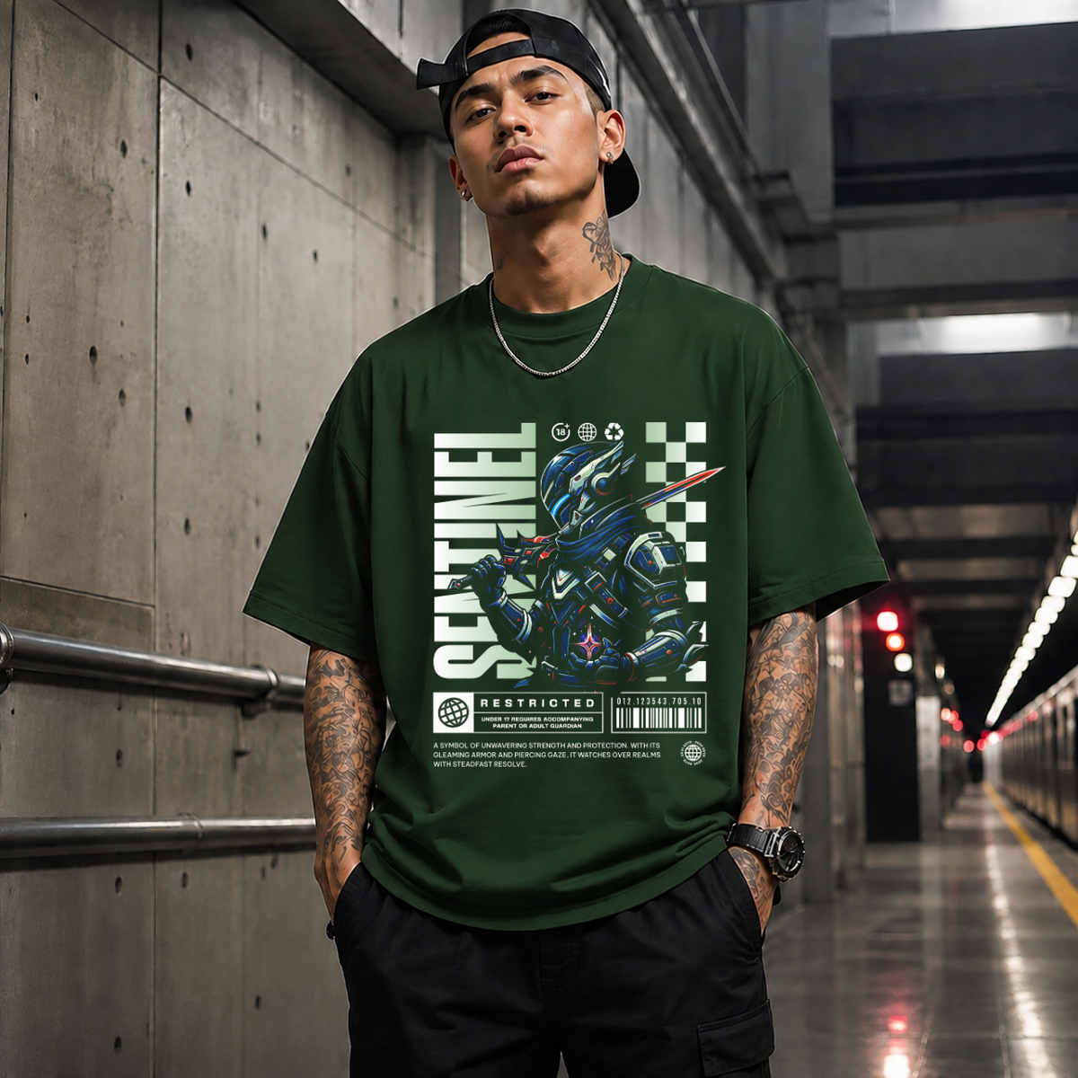 Sentinel Mecha Robot T-Shirt – Contemporary Gothic Graphic Design Tee - Color: Forest Green