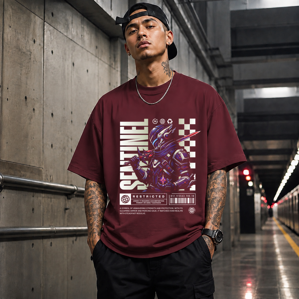 Sentinel Mecha Robot T-Shirt – Contemporary Gothic Graphic Design Tee - Color: Maroon