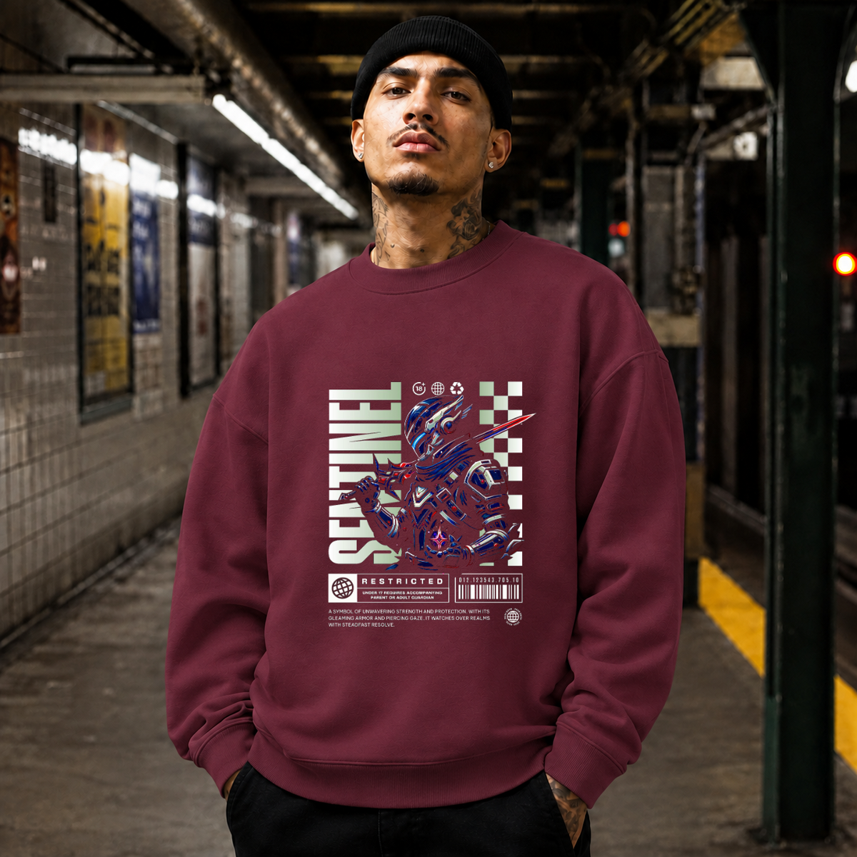 Sentinel Mecha Robot T-Shirt – Contemporary Gothic Graphic Design Tee - Color: maroon