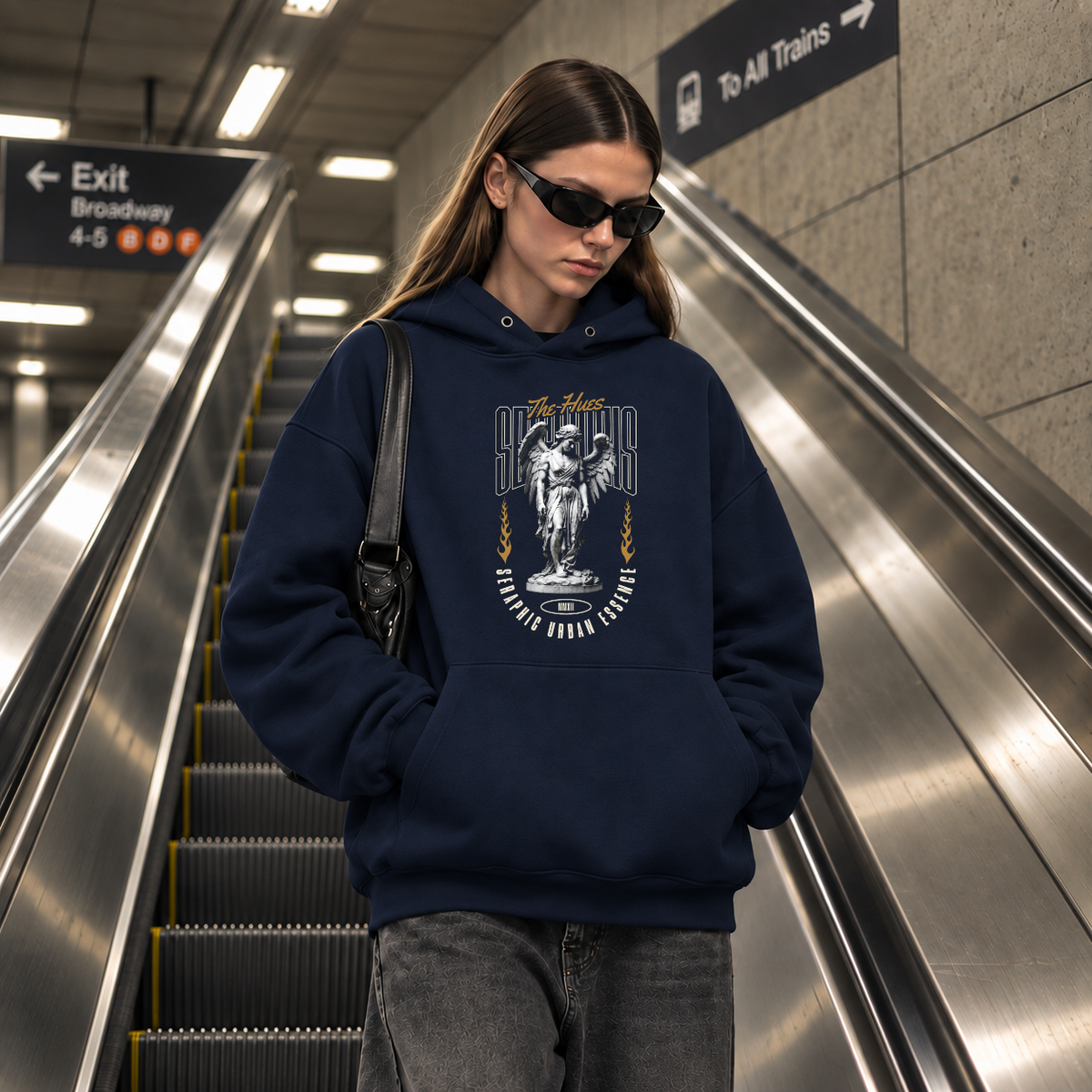 Seraphic Urban Essence Angel Hoodie – Dark Art / Renaissance Aesthetic Graphic Hoodie - Color: navy
