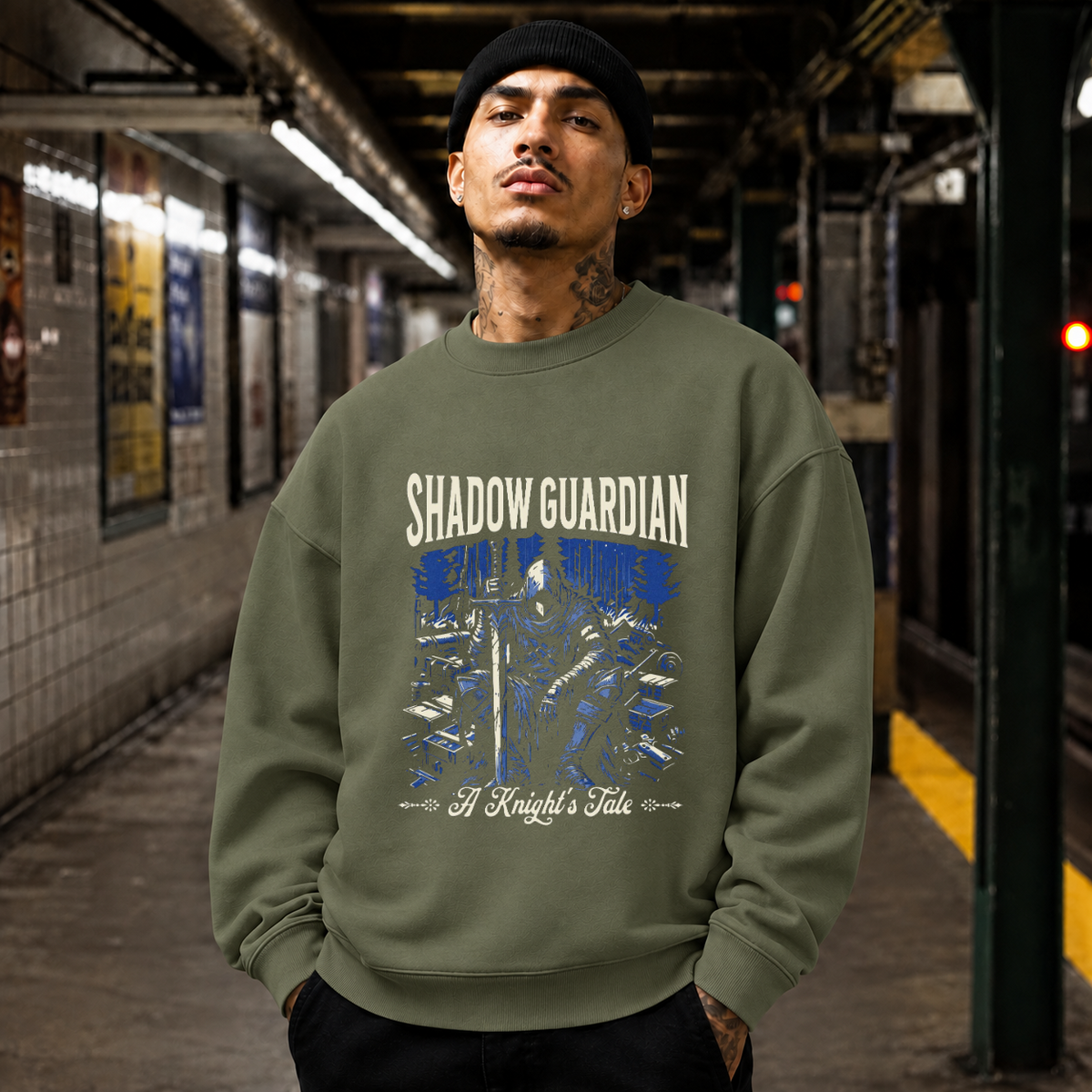 Shadow Guardian Knight's Tale T-Shirt – Gothic Streetwear Poster Graphic Tee - Color: military green