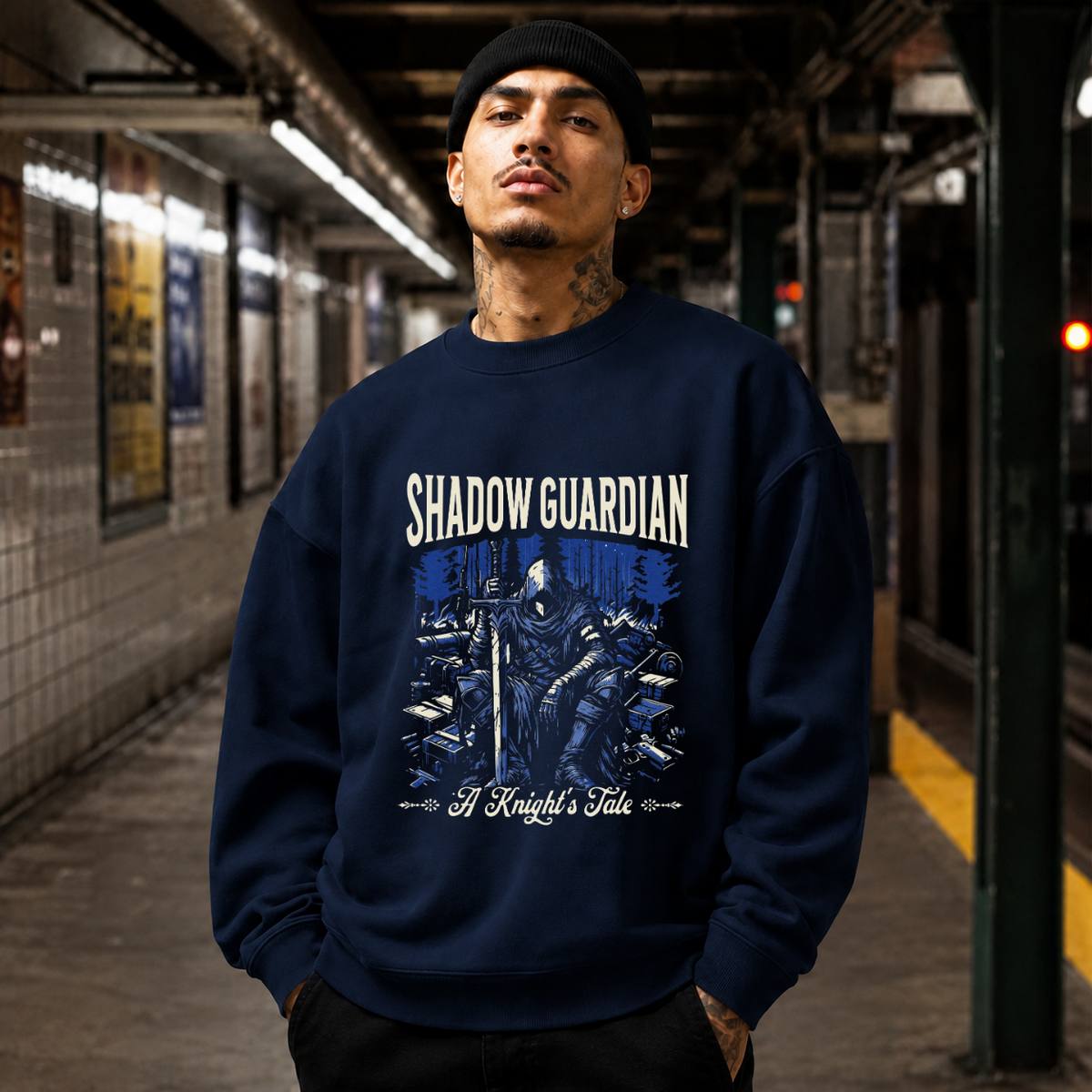 Shadow Guardian Knight's Tale T-Shirt – Gothic Streetwear Poster Graphic Tee - Color: navy