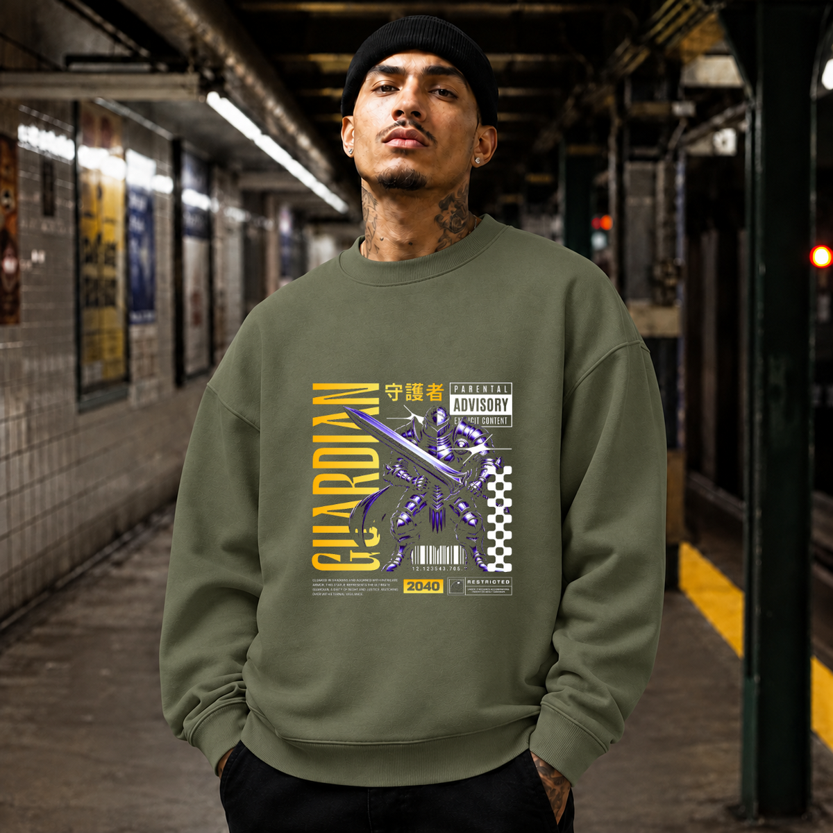 Shadow Guardian Knight T-Shirt – Gothic Streetwear Poster Graphic Tee - Color: military green