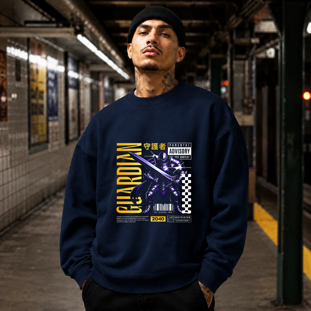 Shadow Guardian Knight T-Shirt – Gothic Streetwear Poster Graphic Tee - Color: navy
