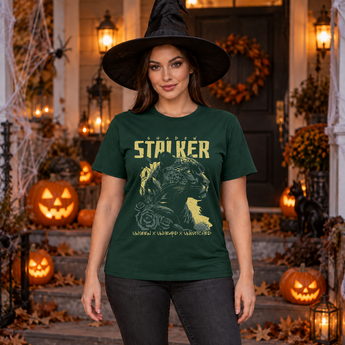 Shadow Stalker T-Shirt – Skull & Reaper Gothic Graphic Graphic Tee - Color: forest green