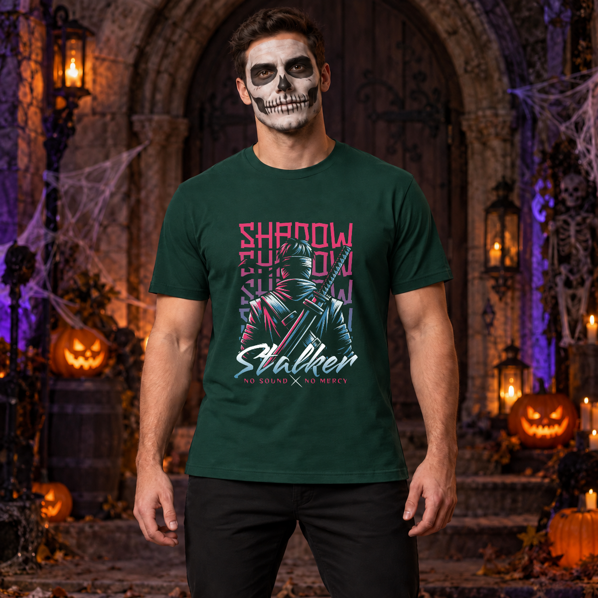 Shadow Stalker T-Shirt – Skull & Reaper Gothic Graphic Graphic Tee - Color: forest green