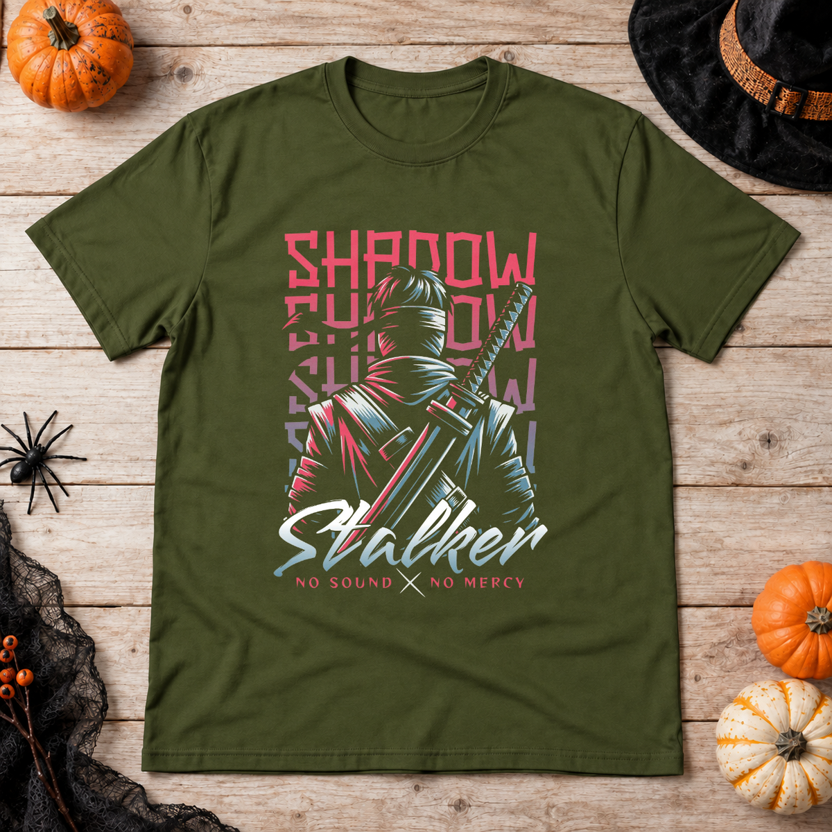 Shadow Stalker T-Shirt – Skull & Reaper Gothic Graphic Graphic Tee - Color: military green