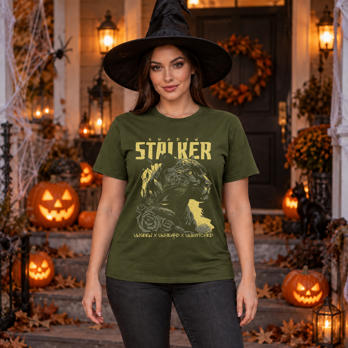 Shadow Stalker T-Shirt – Skull & Reaper Gothic Graphic Graphic Tee - Color: military green