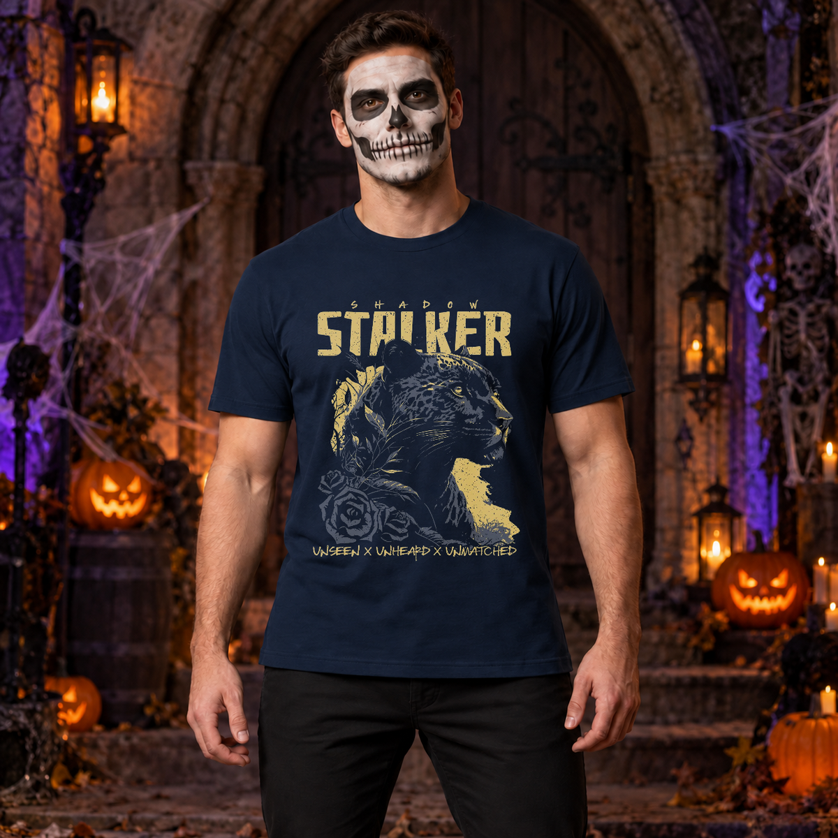 Shadow Stalker T-Shirt – Skull & Reaper Gothic Graphic Graphic Tee - Color: navy