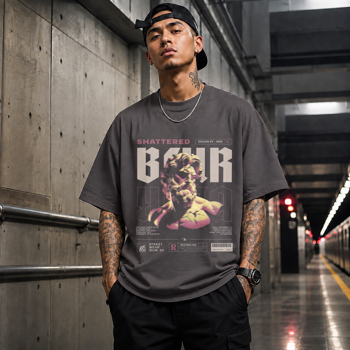 Shattered Blur Bust T-Shirt – Dark Editorial / Gothic Streetwear Tee - Color: Charcoal