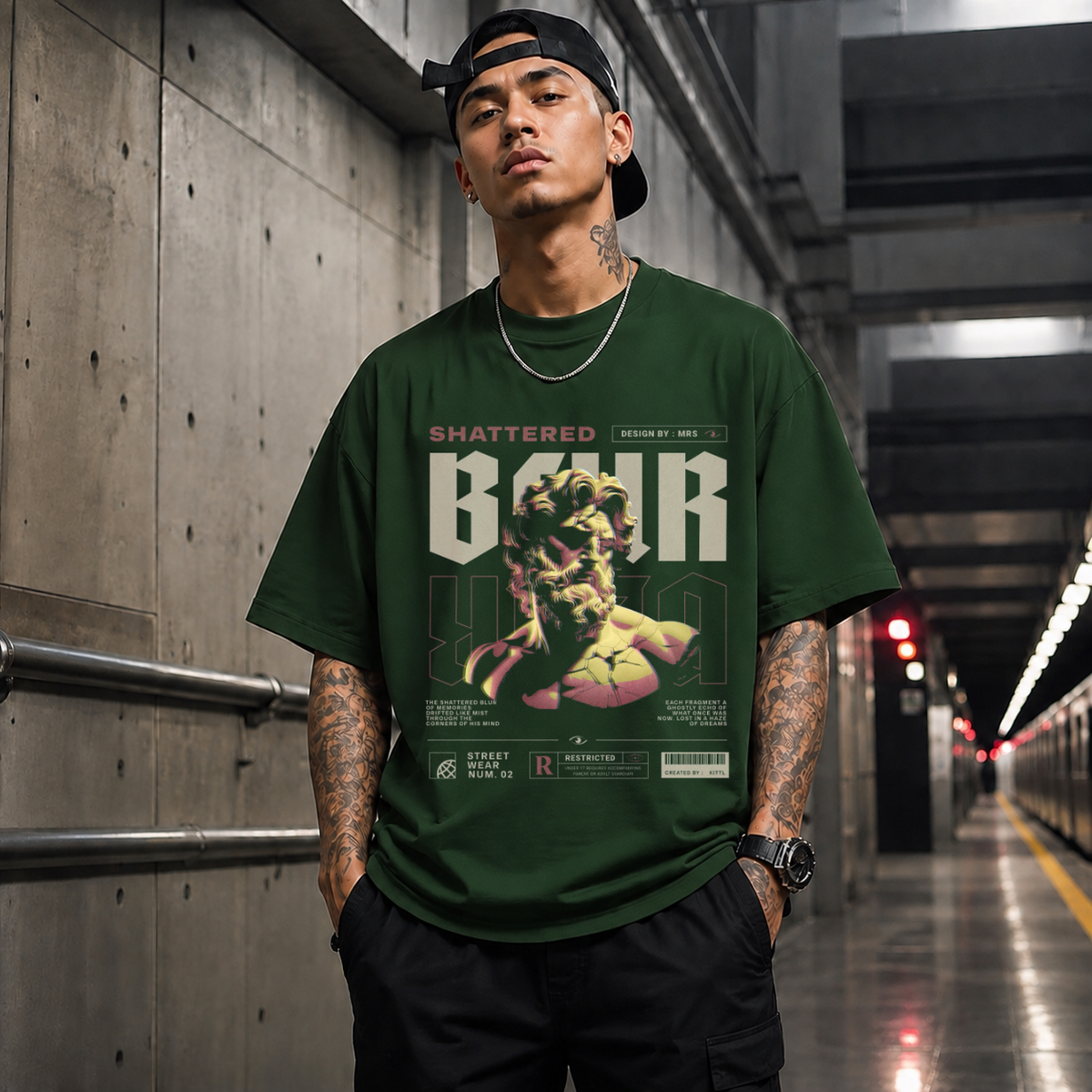 Shattered Blur Bust T-Shirt – Dark Editorial / Gothic Streetwear Tee - Color: Forest Green