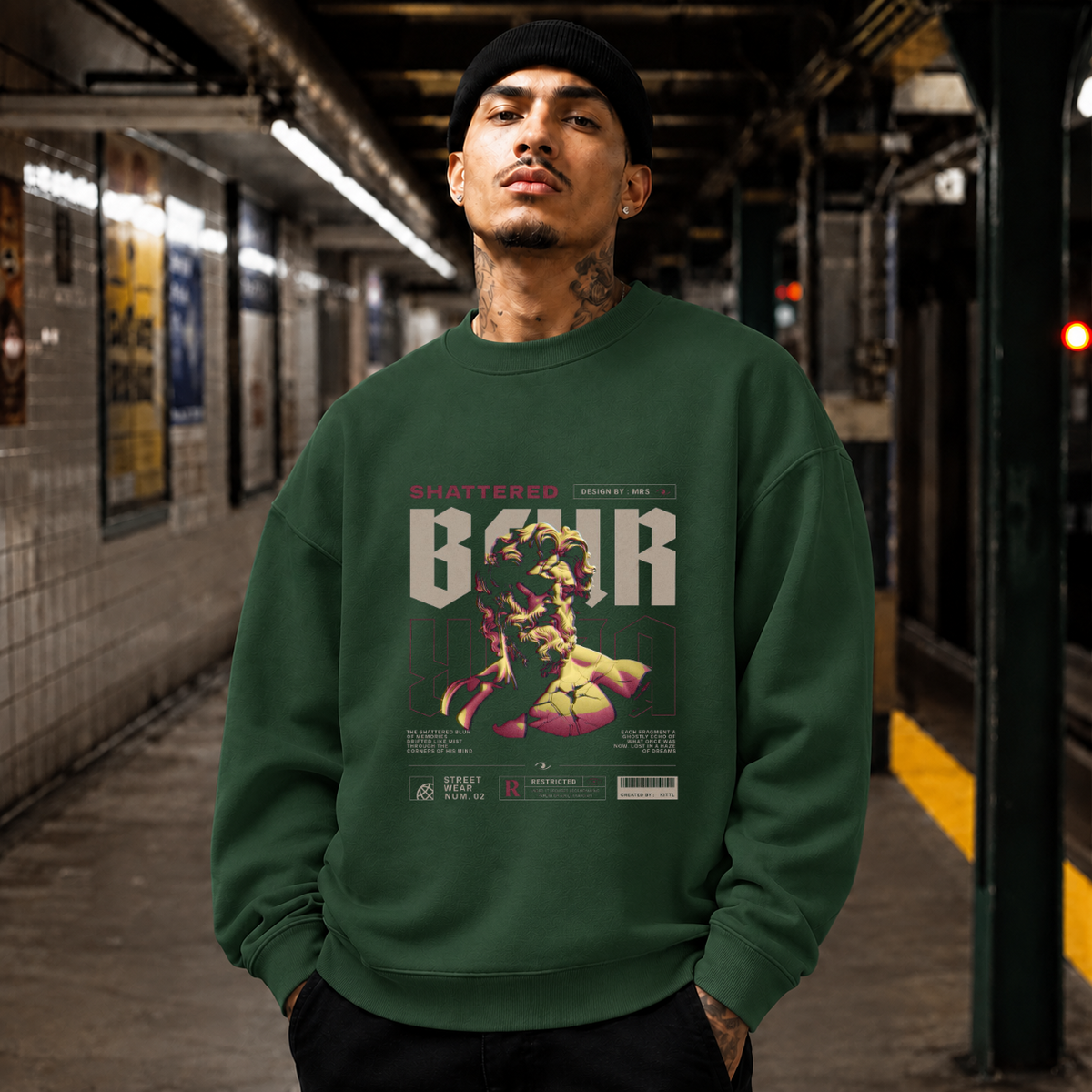 Shattered Blur Bust T-Shirt – Dark Editorial / Gothic Streetwear Tee - Color: forest green