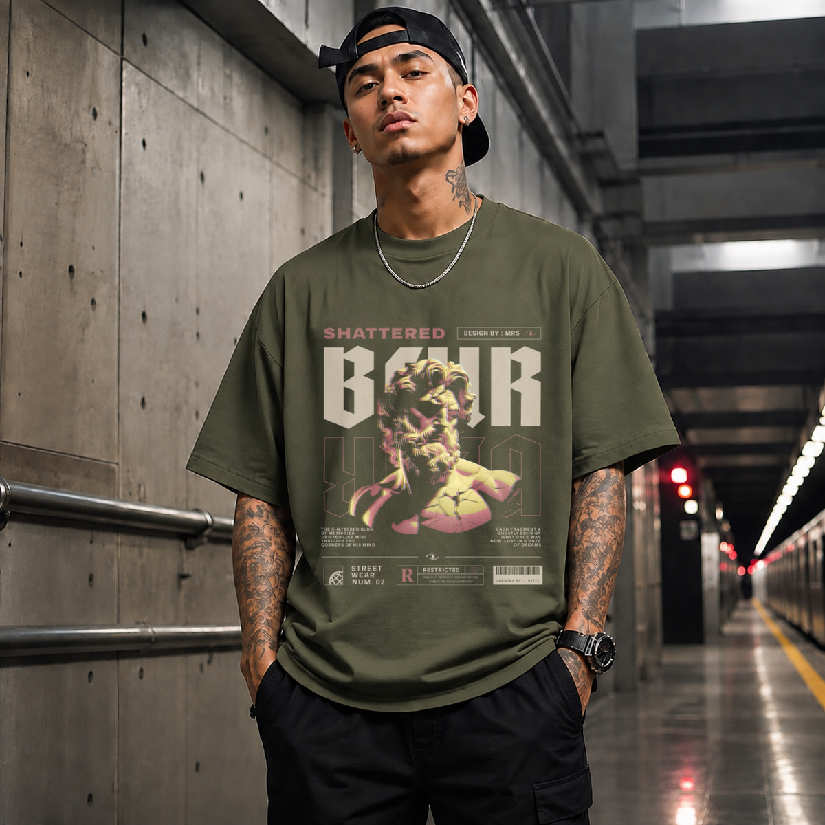 Shattered Blur Bust T-Shirt – Dark Editorial / Gothic Streetwear Tee - Color: Military Green