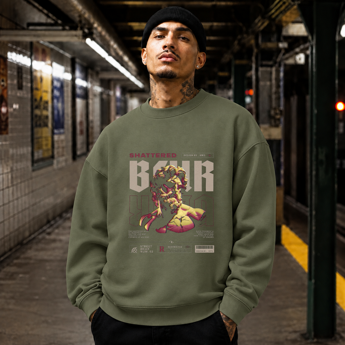 Shattered Blur Bust T-Shirt – Dark Editorial / Gothic Streetwear Tee - Color: military green