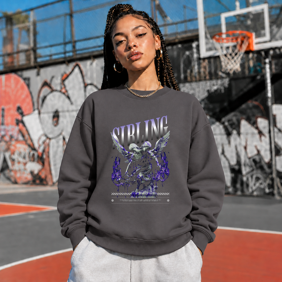Sibling Streetwear Angel T-Shirt – Vintage Y2K / Acid Graphic Streetwear Tee - Color: charcoal