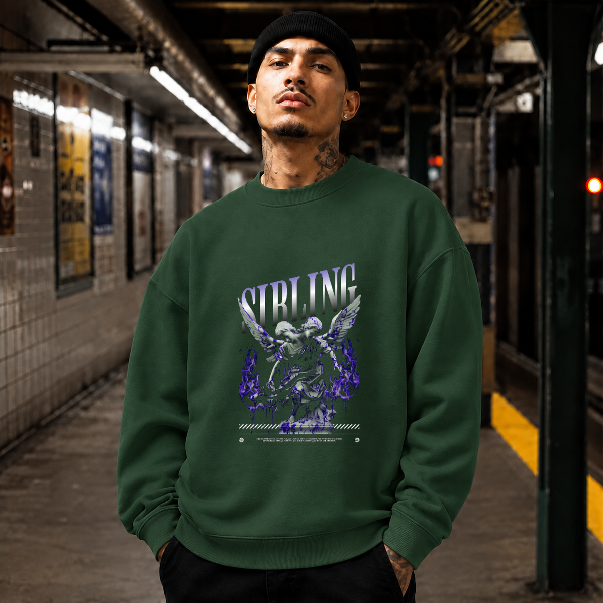 Sibling Streetwear Angel T-Shirt – Vintage Y2K / Acid Graphic Streetwear Tee - Color: forest green
