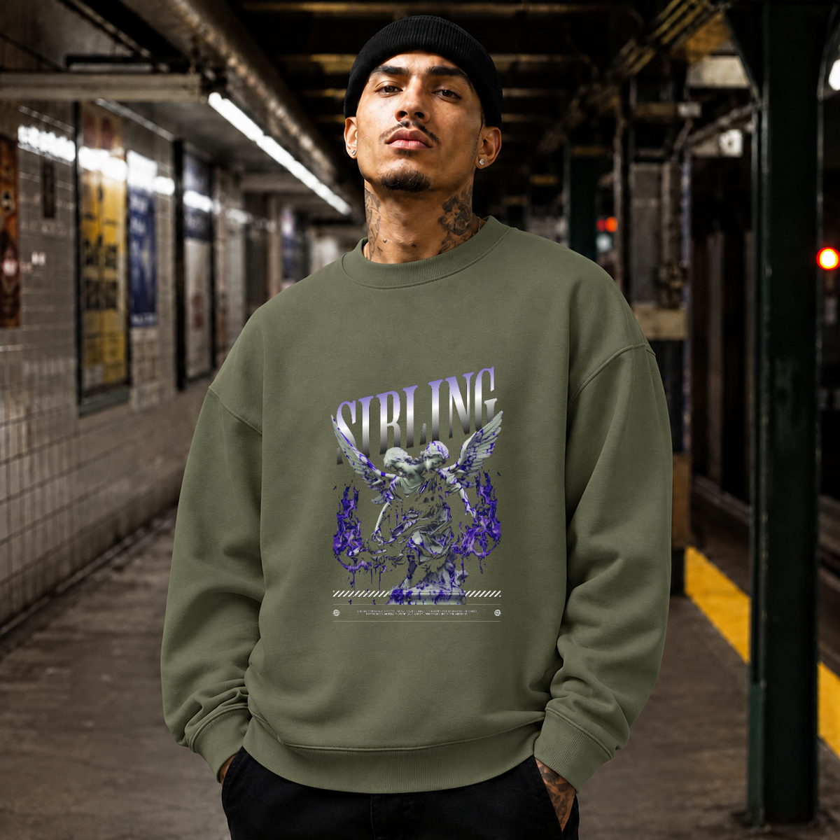 Sibling Streetwear Angel T-Shirt – Vintage Y2K / Acid Graphic Streetwear Tee - Color: military green