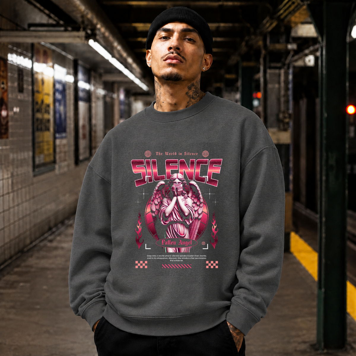 Silence Fallen Angel Skull T-Shirt – Dark Editorial / Gothic Streetwear Tee - Color: dark heather