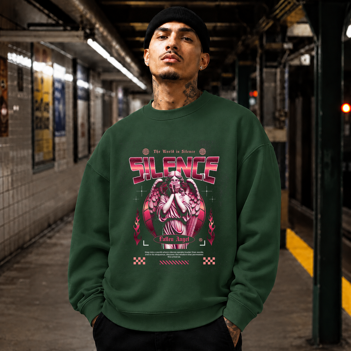 Silence Fallen Angel Skull T-Shirt – Dark Editorial / Gothic Streetwear Tee - Color: forest green