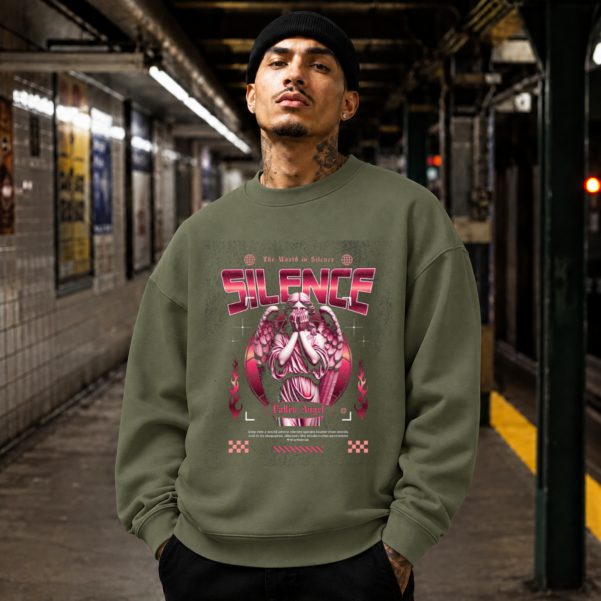 Silence Fallen Angel Skull T-Shirt – Dark Editorial / Gothic Streetwear Tee - Color: military green