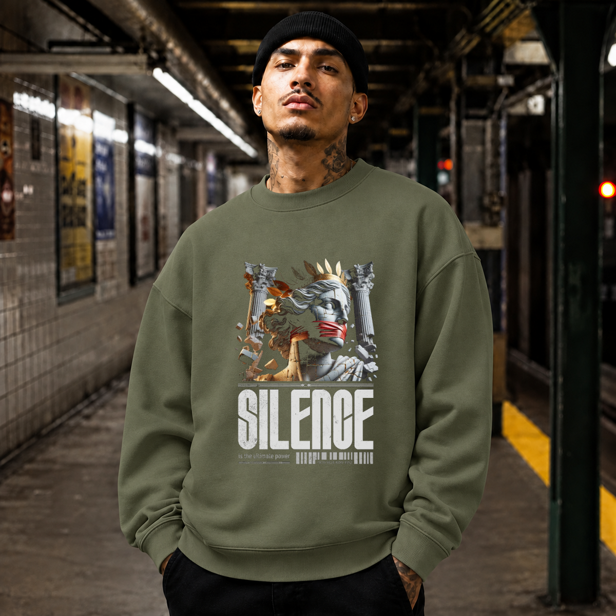Silence Is the Ultimate Power T-Shirt – Dark Editorial / Gothic Streetwear Tee - Color: military green
