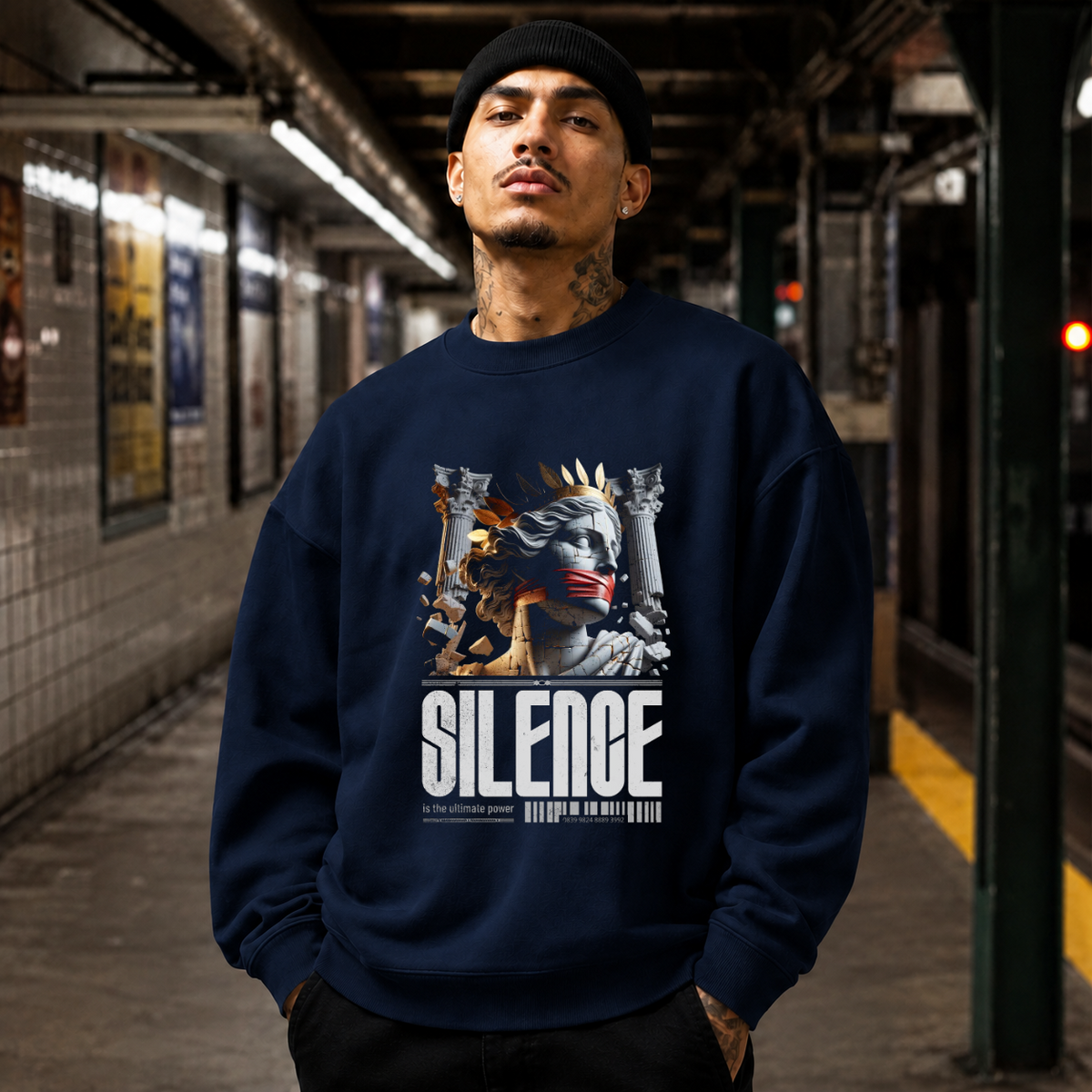 Silence Is the Ultimate Power T-Shirt – Dark Editorial / Gothic Streetwear Tee - Color: navy