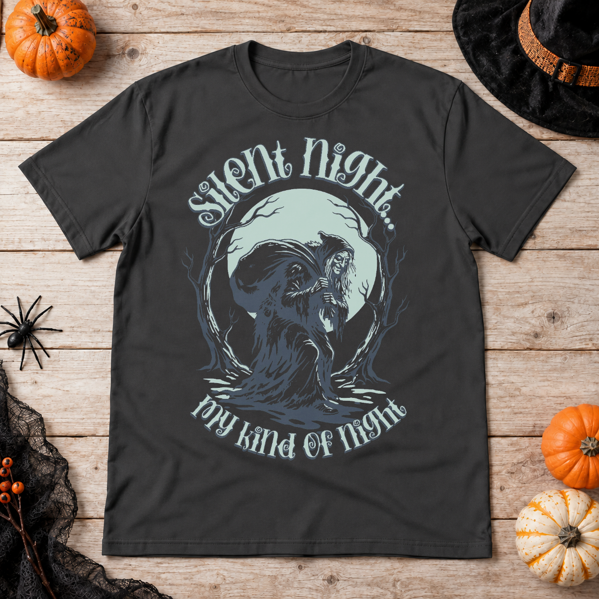 Silent Night Witch T-Shirt – Skull & Reaper Gothic Graphic Graphic Tee - Color: charcoal