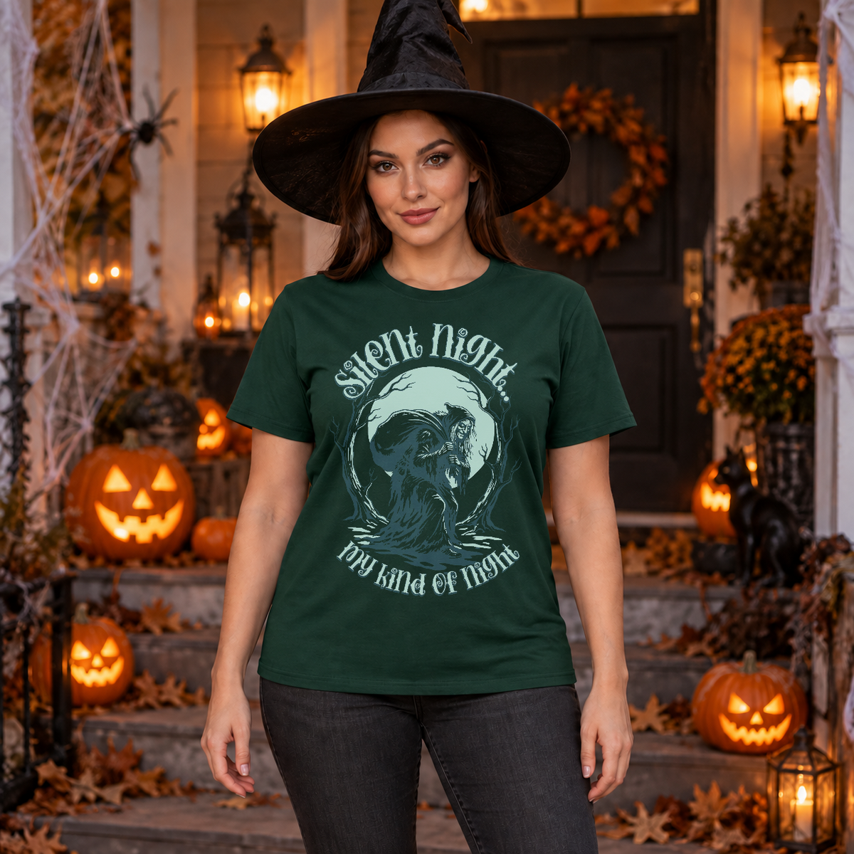Silent Night Witch T-Shirt – Skull & Reaper Gothic Graphic Graphic Tee - Color: forest green