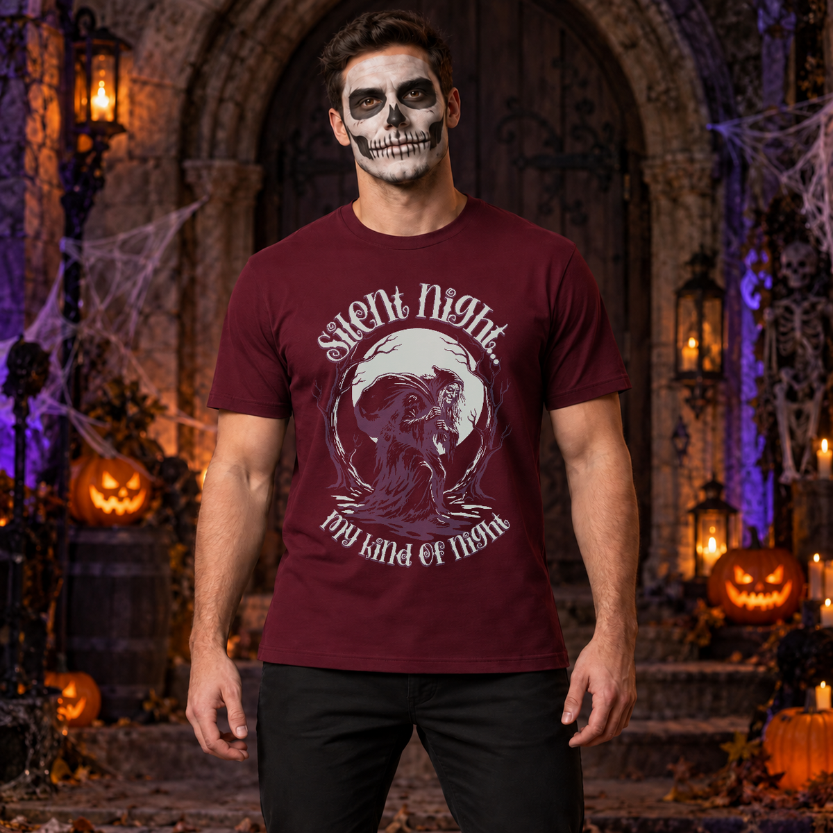 Silent Night Witch T-Shirt – Skull & Reaper Gothic Graphic Graphic Tee - Color: maroon
