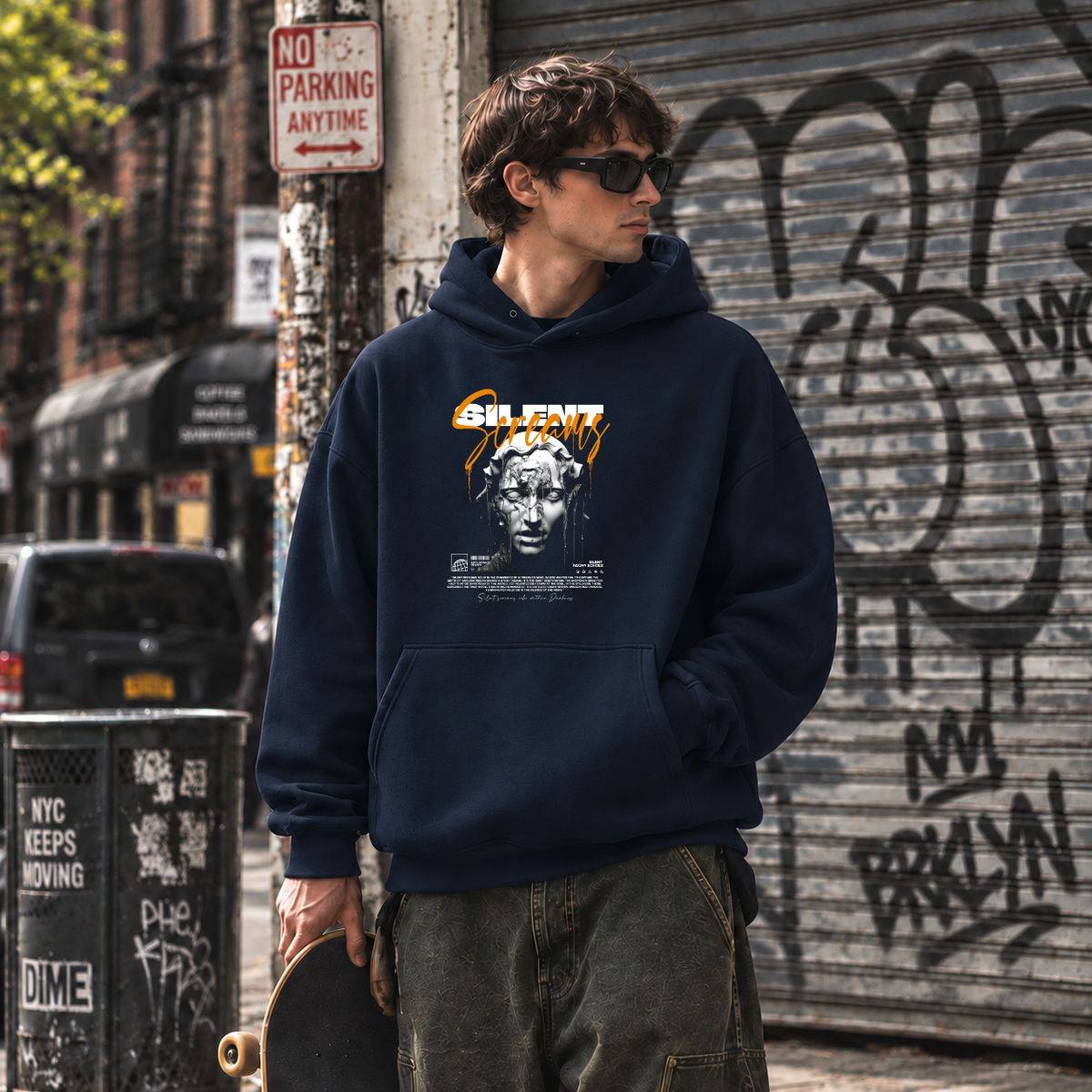 Silent Sorrow Bust Hoodie – Dark Editorial / Gothic Streetwear Hoodie - Color: navy