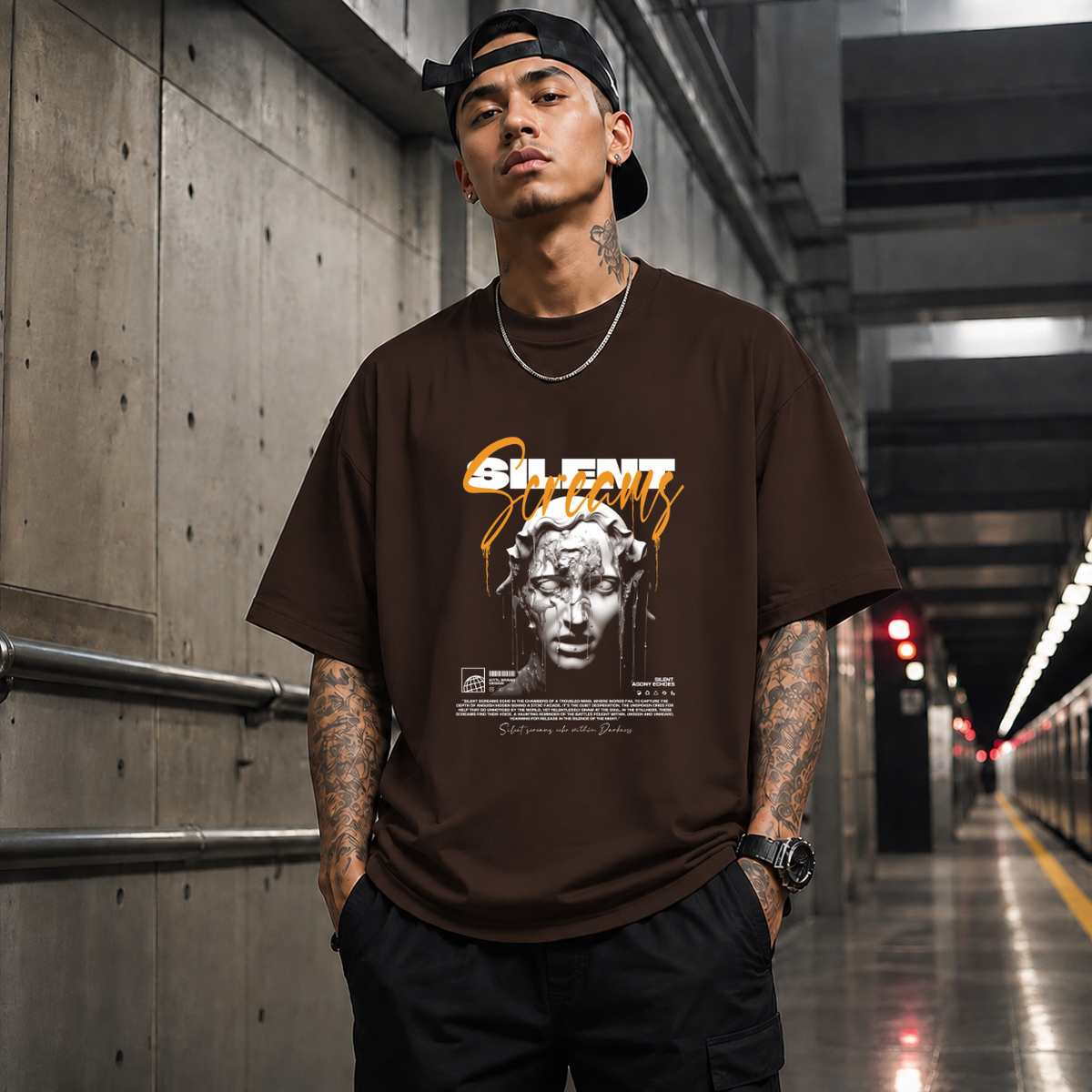 Silent Sorrow Bust T-Shirt – Dark Editorial / Gothic Streetwear Tee - Color: Dark Chocolate