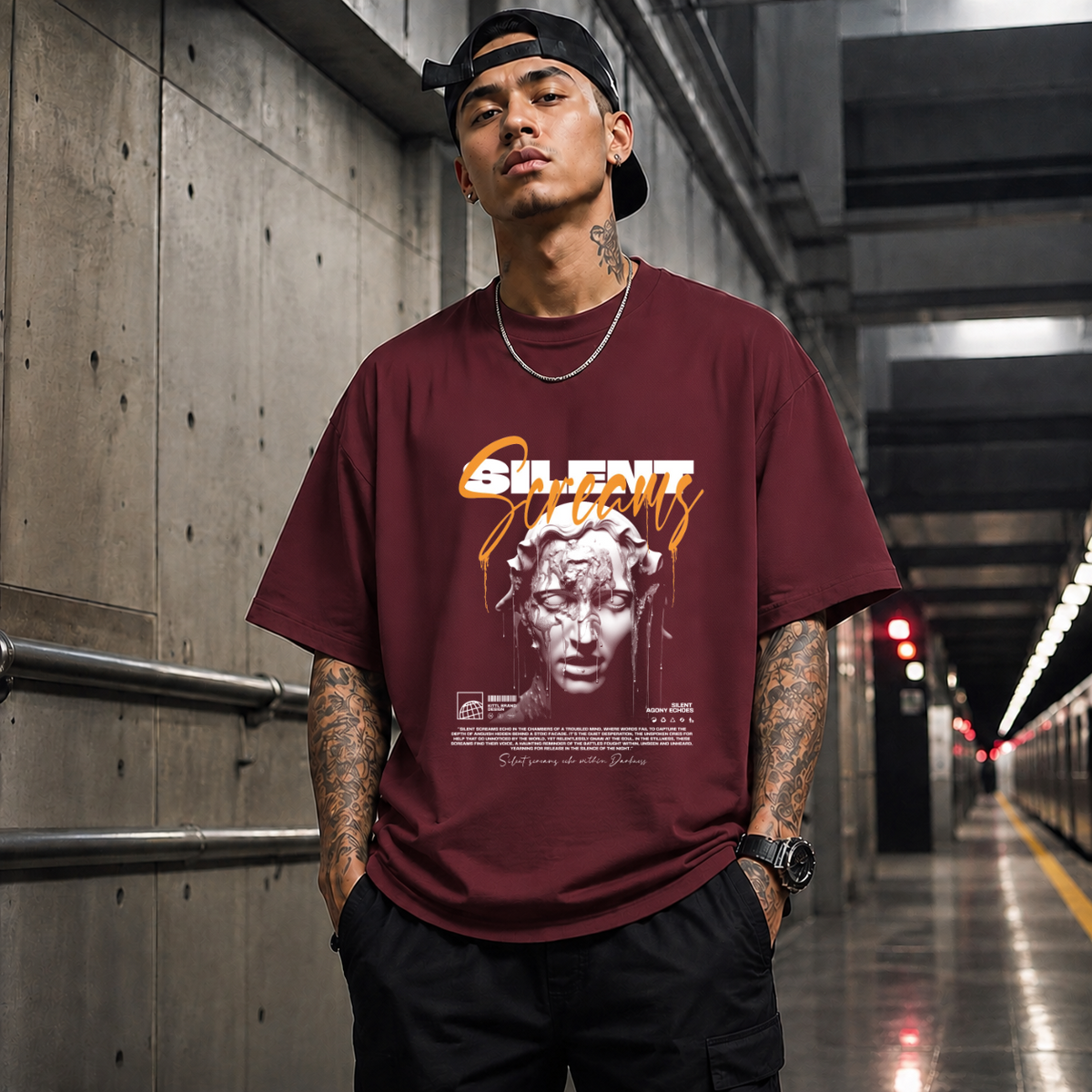 Silent Sorrow Bust T-Shirt – Dark Editorial / Gothic Streetwear Tee - Color: Maroon