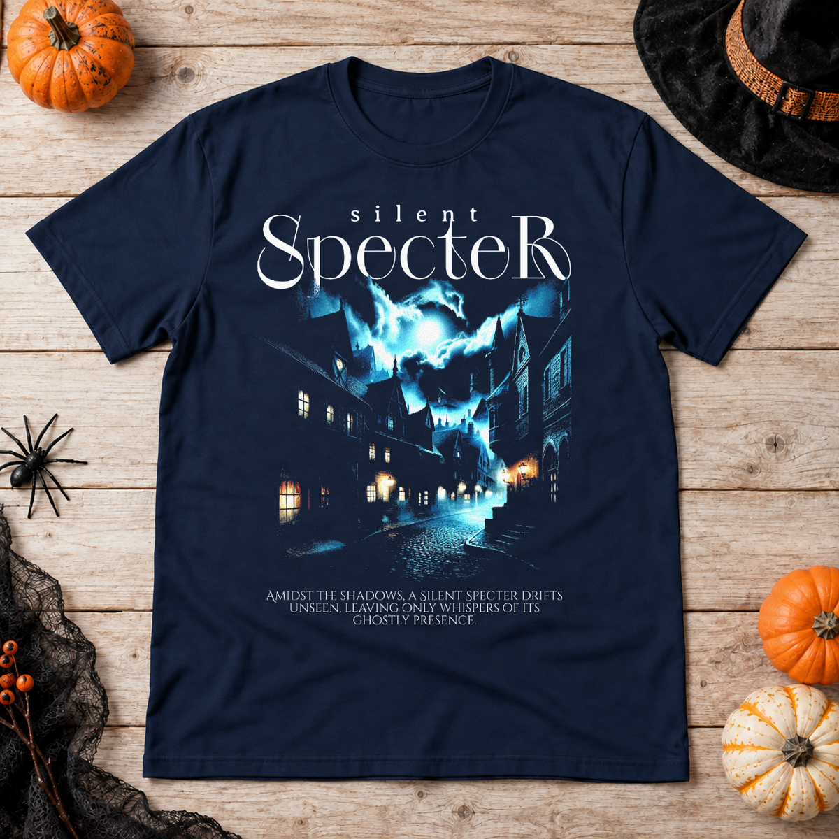 Silent Specter T-Shirt – Dark Editorial Graphic Design Graphic Tee - Color: navy