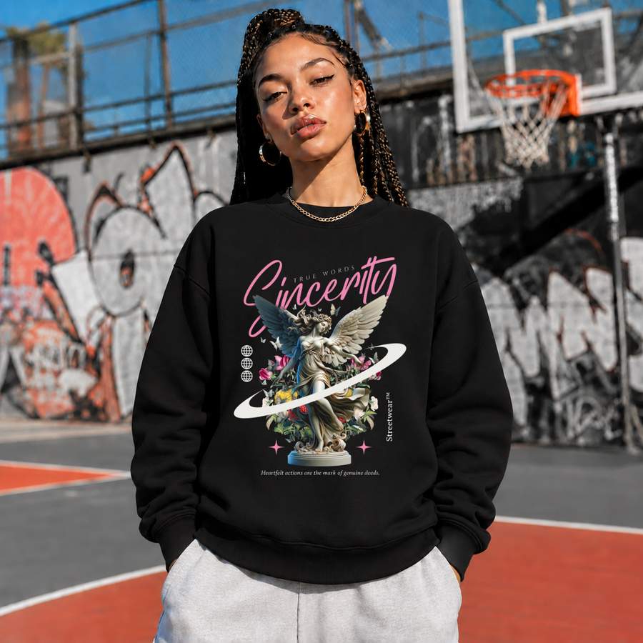 Sincerity Angel Floral Sweatshirt – Religious Imagery Collage Graphic Sweatshirt - Color: black