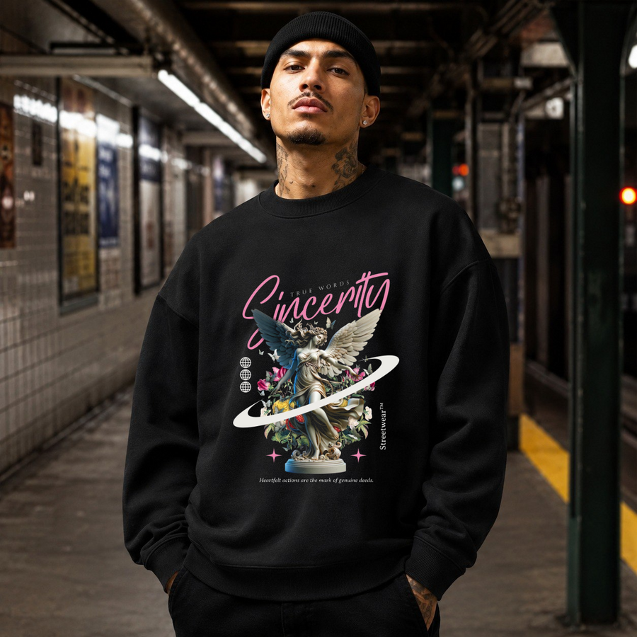 Sincerity Angel Floral Sweatshirt – Religious Imagery Collage Graphic Sweatshirt - Color: black