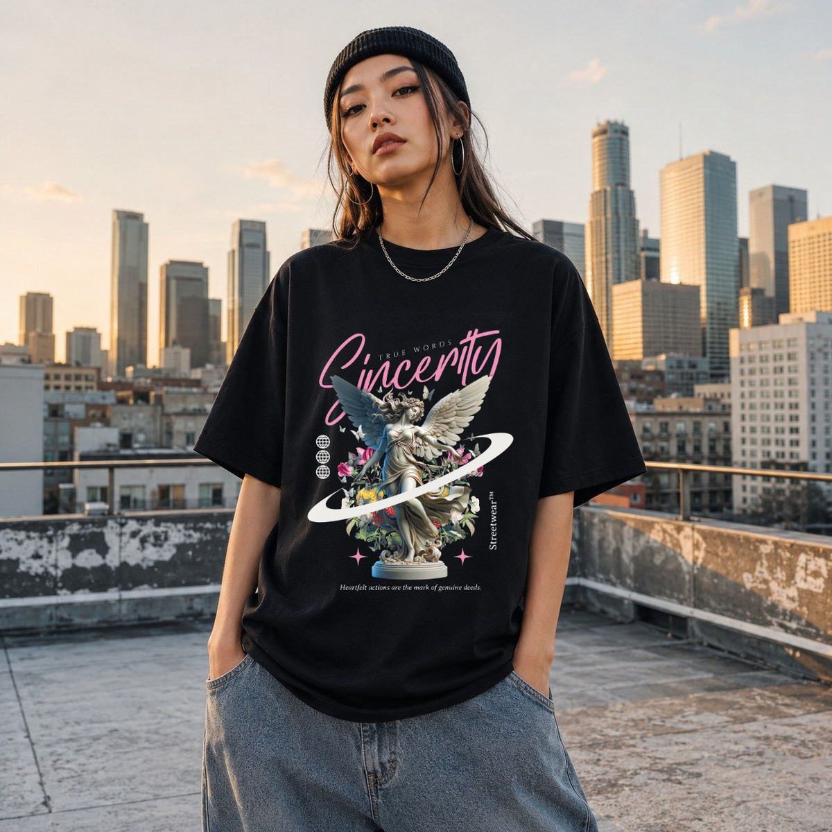 Sincerity Angel Floral T-Shirt – Religious Imagery Collage Graphic Tee - Color: Black