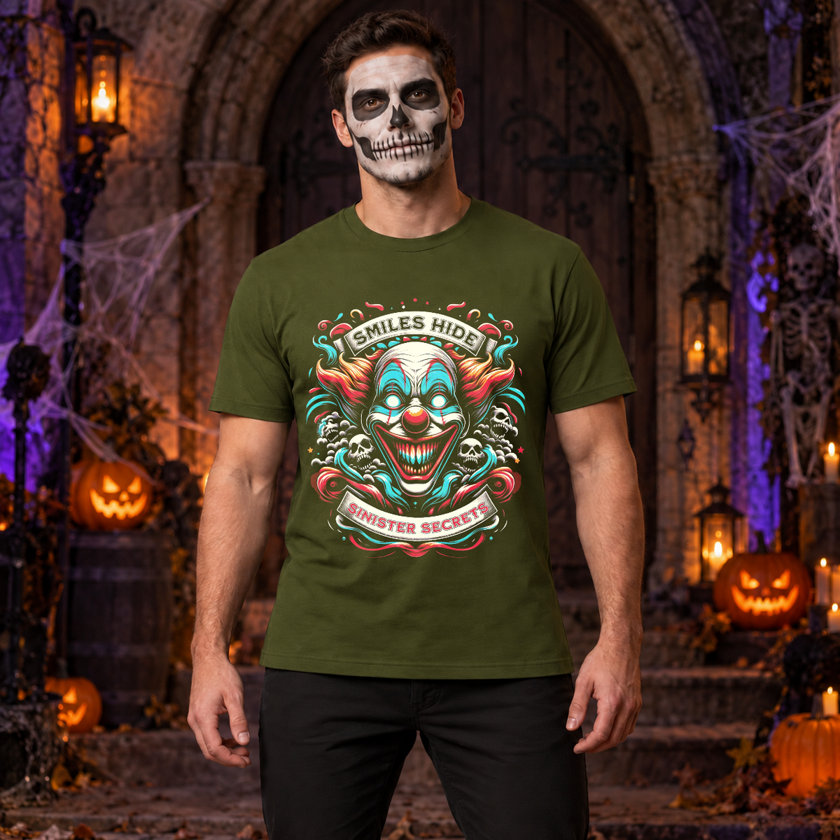 Sinister Secret T-Shirt – Skull & Reaper Gothic Graphic Graphic Tee - Color: military green