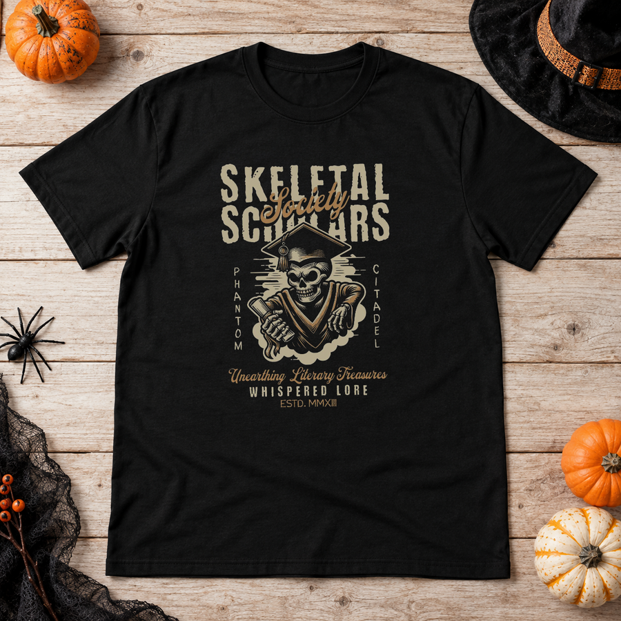 Skeletal Scholars Society T-Shirt – Dark Streetwear Graphic Design Graphic Tee - Color: black