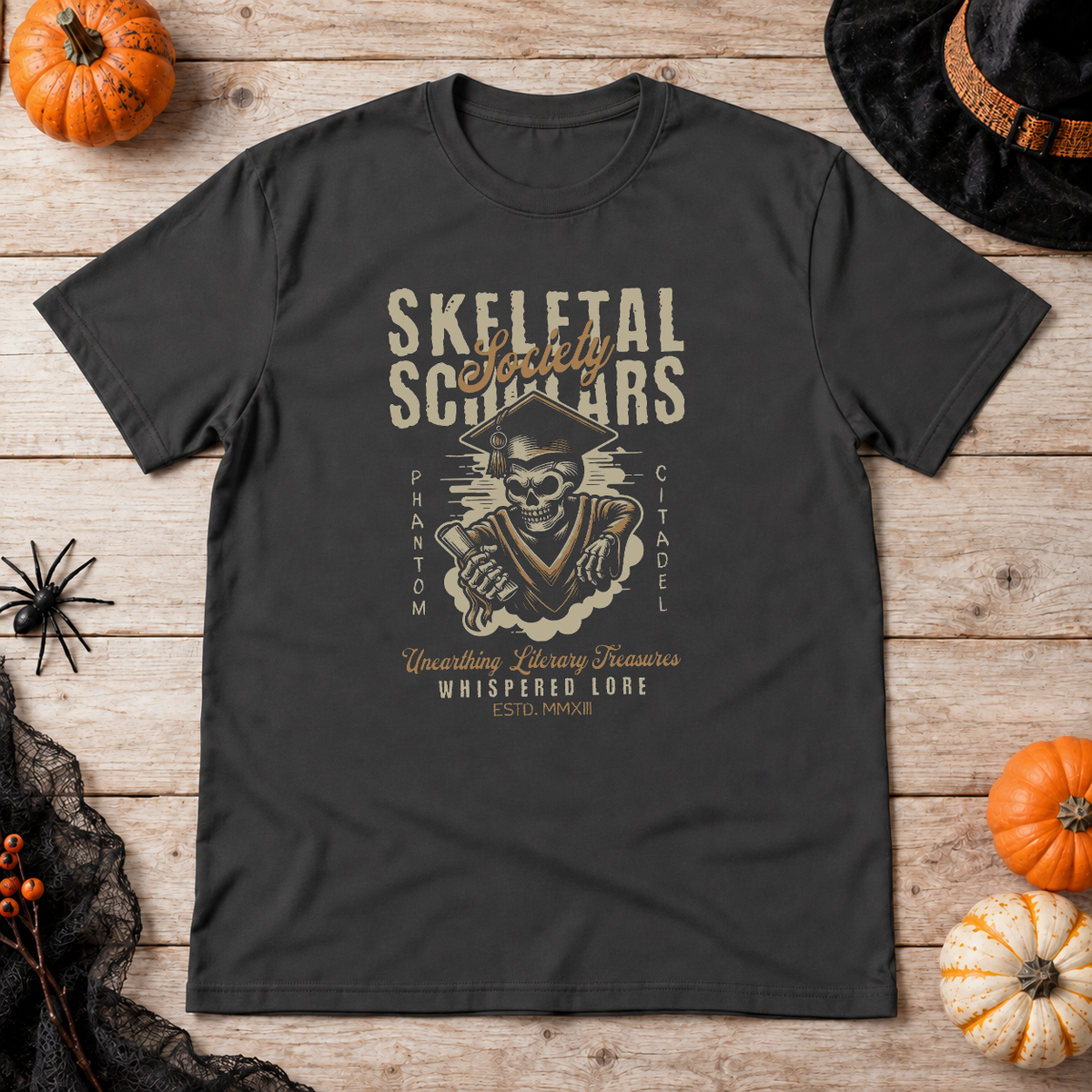 Skeletal Scholars Society T-Shirt – Dark Streetwear Graphic Design Graphic Tee - Color: charcoal