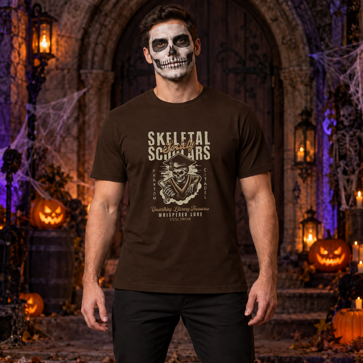Skeletal Scholars Society T-Shirt – Dark Streetwear Graphic Design Graphic Tee - Color: chocolate