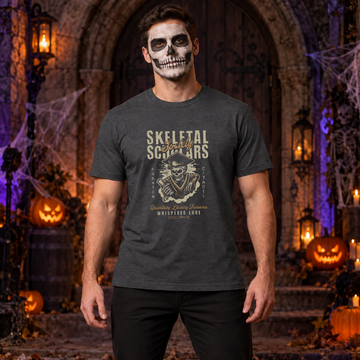 Skeletal Scholars Society T-Shirt – Dark Streetwear Graphic Design Graphic Tee - Color: dark heather