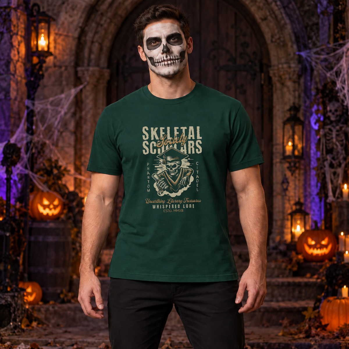 Skeletal Scholars Society T-Shirt – Dark Streetwear Graphic Design Graphic Tee - Color: forest green