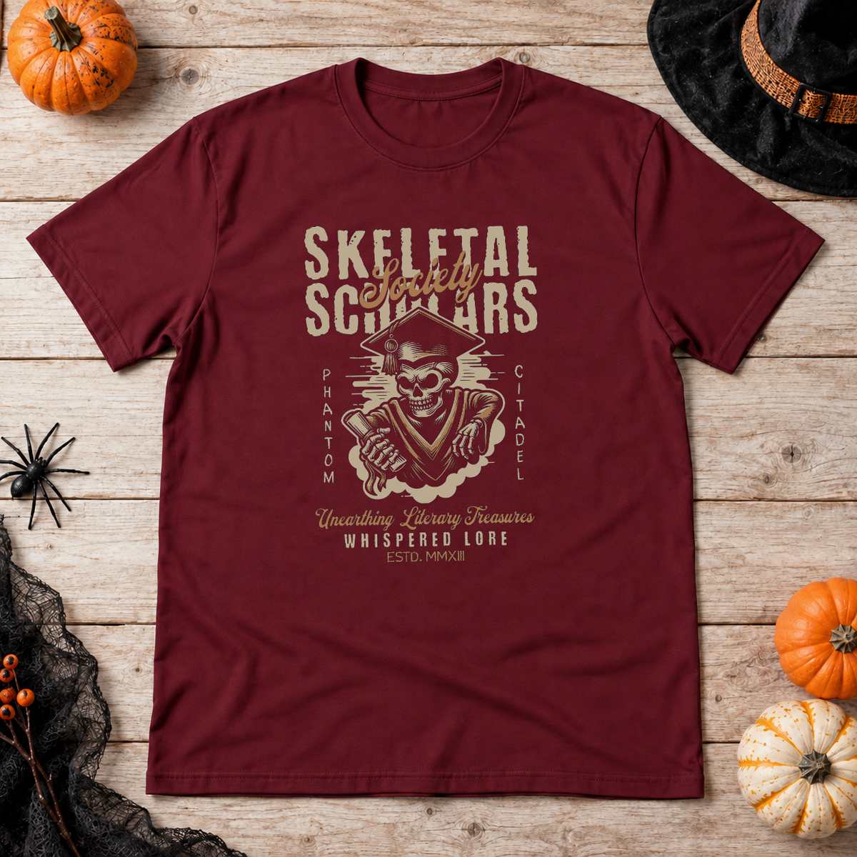 Skeletal Scholars Society T-Shirt – Dark Streetwear Graphic Design Graphic Tee - Color: maroon