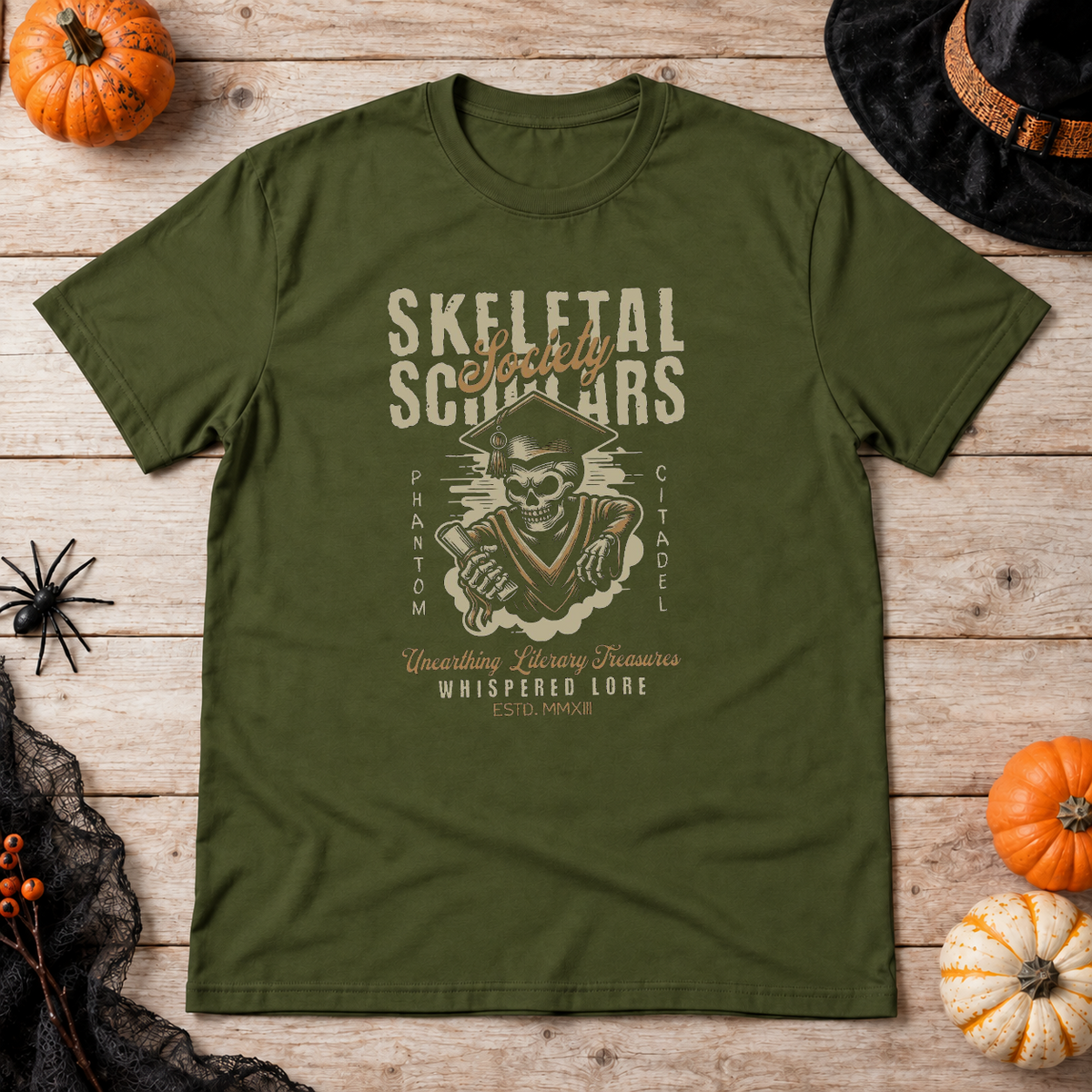 Skeletal Scholars Society T-Shirt – Dark Streetwear Graphic Design Graphic Tee - Color: military green