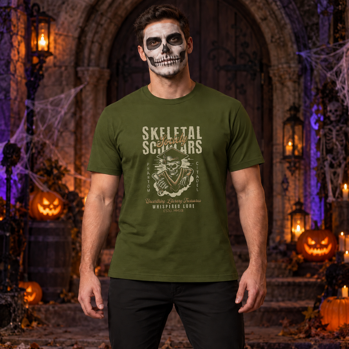 Skeletal Scholars Society T-Shirt – Dark Streetwear Graphic Design Graphic Tee - Color: military green